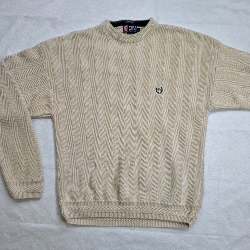 Vintage Chaps Ralph Lauren Sweater Men’s Large Beige Cream Cotton Knit Crewneck - Picture 2 of 6